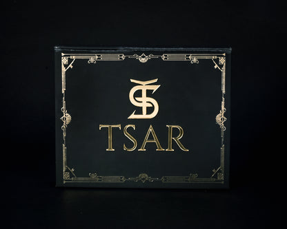 Black box with gold 'TSAR' logo on a black background