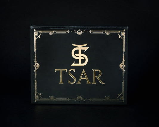 Black box with gold 'TSAR' logo on a black background