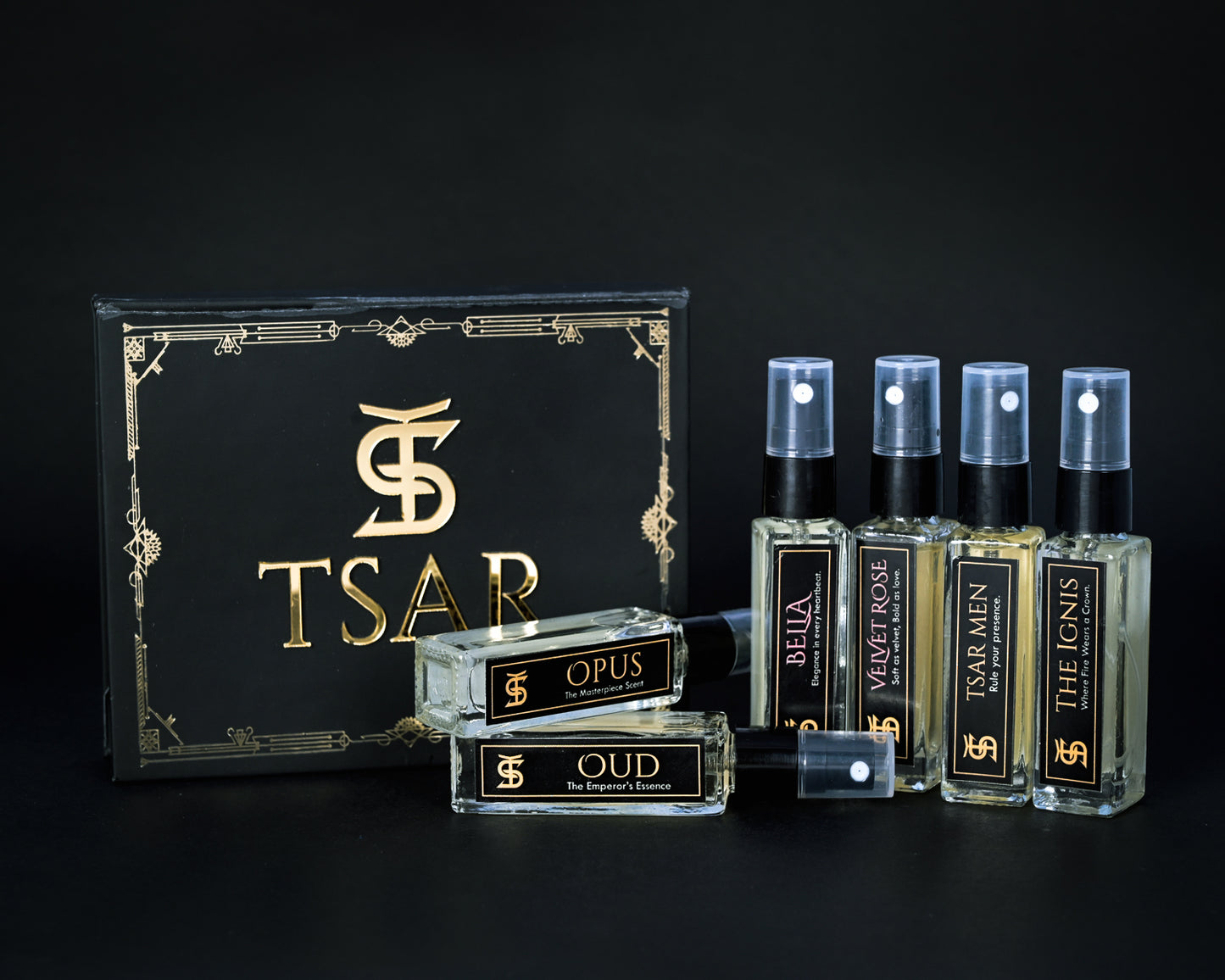 TSAR perfume set with bottles and packaging on a black background